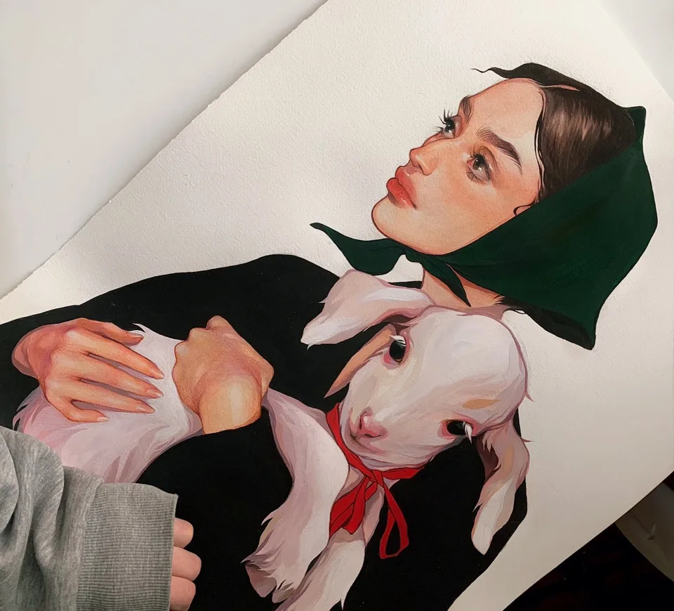 Gouache painting of a woman in a green headscarf holding a white lamb