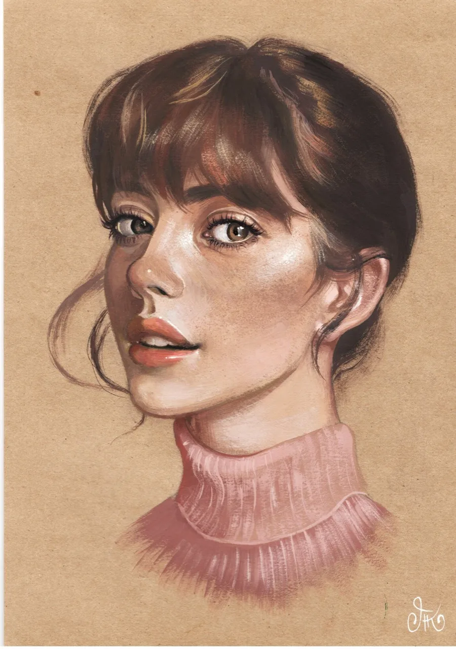 Pencil portrait in a pink turtleneck