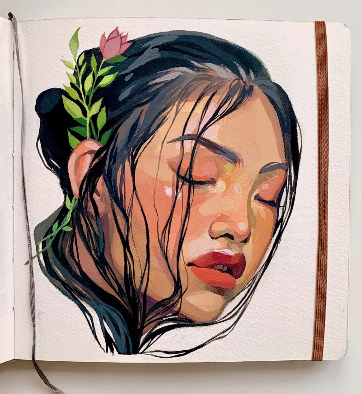 Floral sketchbook portrait painted in gouache