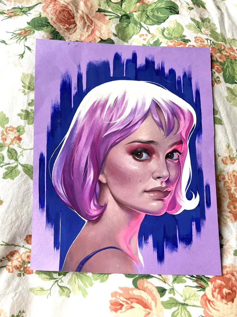 Pink-haired character portrait painted in gouache