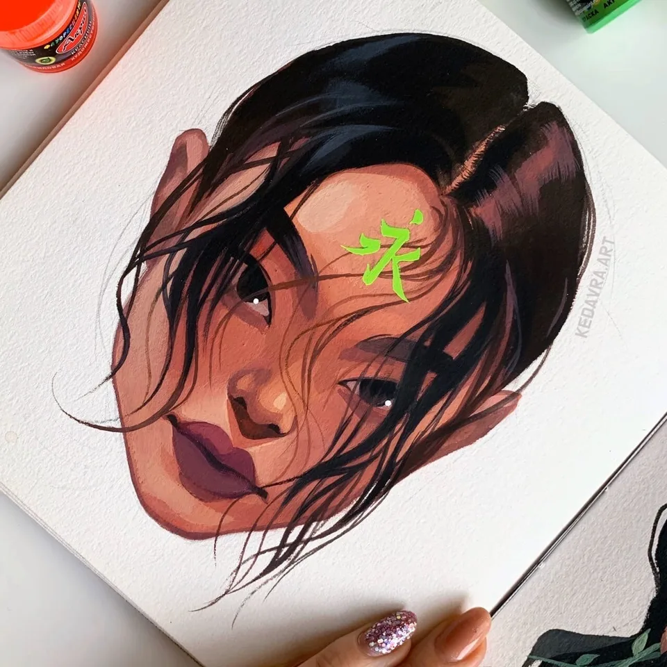 Sketchbook portrait with a vivid green symbol