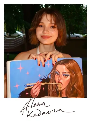Alena Kedavra holding one of her paintings