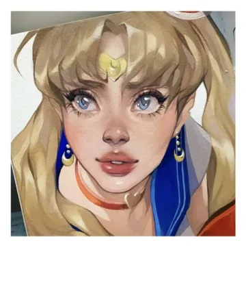 Polaroid photograph of a blonde portrait painting