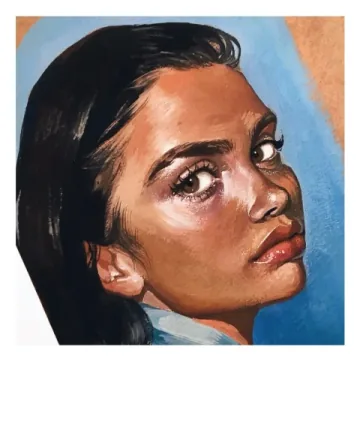 Polaroid photograph of a portrait painting against a blue background