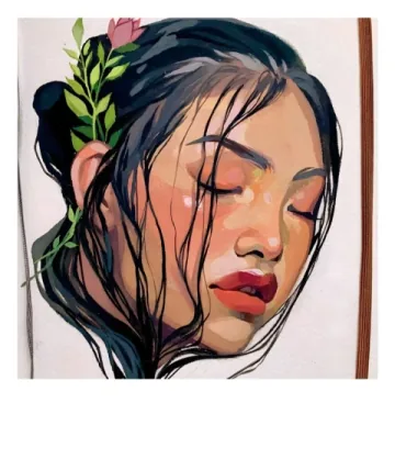 Polaroid photograph of a portrait painting with a flower